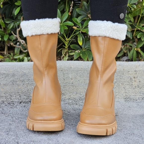 Women's Sherpa Faux Fur Ankle Boot Tan Color - Picture 2 of 5